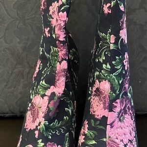 Beautiful floral calf high denim boots with chunky heel.
